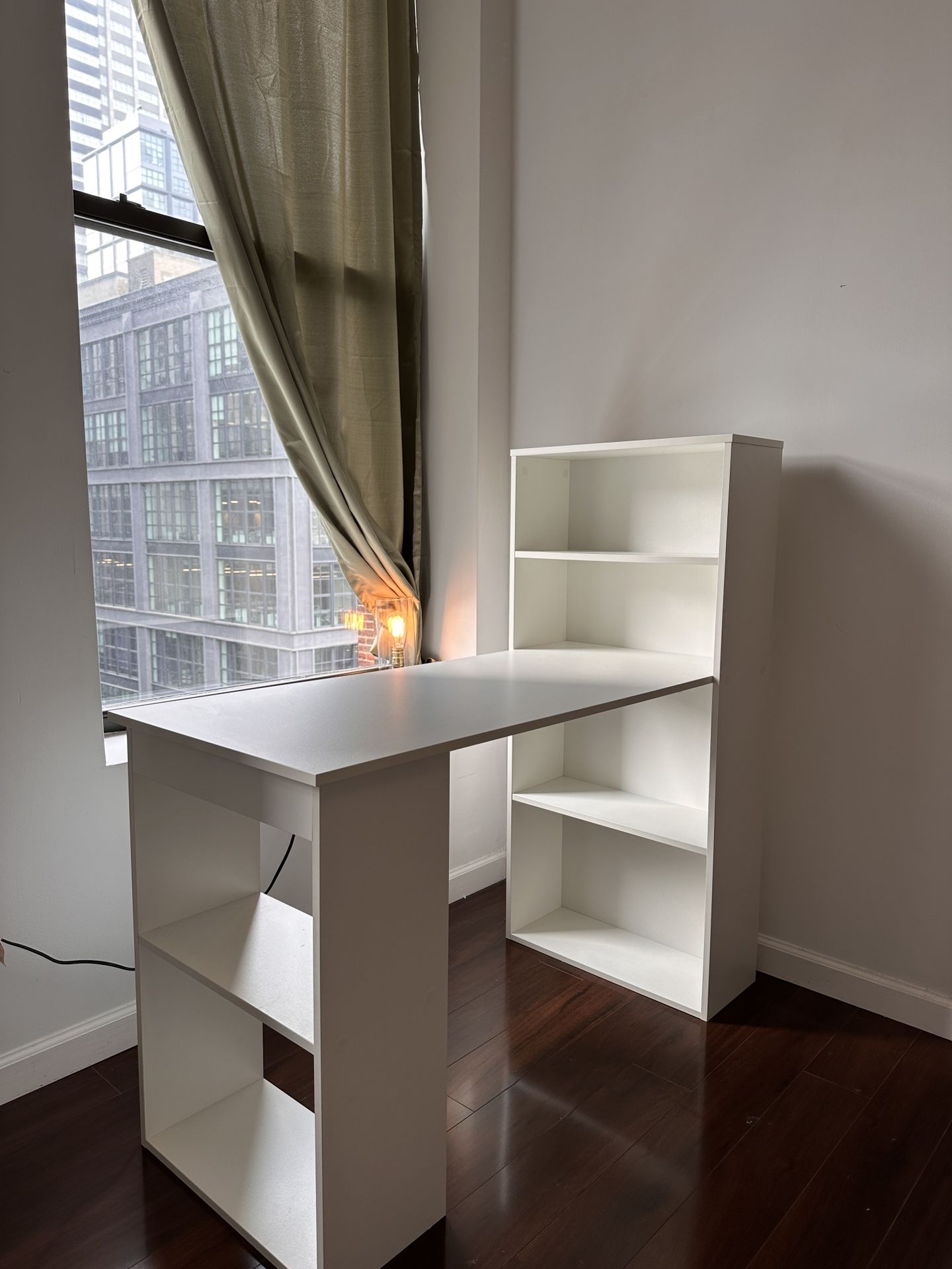 White Desk with Built-In Tiered Bookshelf & Smaller Side Shelf