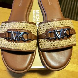 Michael Kors Brown and Tan Slide Sandals with Braided Strap
