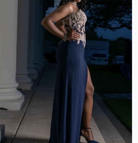 navy blue dress with gold accessories RIXO Evie Dress in Navy main image 1