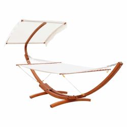 Outsunny Outdoor Hammock with Stand & Accessories, Heavy Duty Wooden Frame, Sun Shade Visor Canopy, Indoor Outside Boho Style Nap Bed, Natural Cotton,