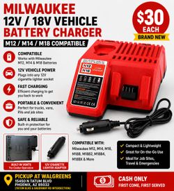 Milwaukee 12V / 18V Vehicle Battery Charger – Cigarette Lighter Adapter – M12 / M18 Compatible