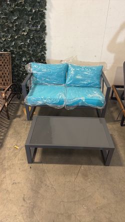 Moving Sale!!! Only $85!! Turquoise aluminum bench and glass table!!
