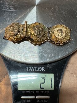 Antique 950 Fine Silver Gilt Neoclassical Coin Filigree Panel Bracelet – 21g Vermeil