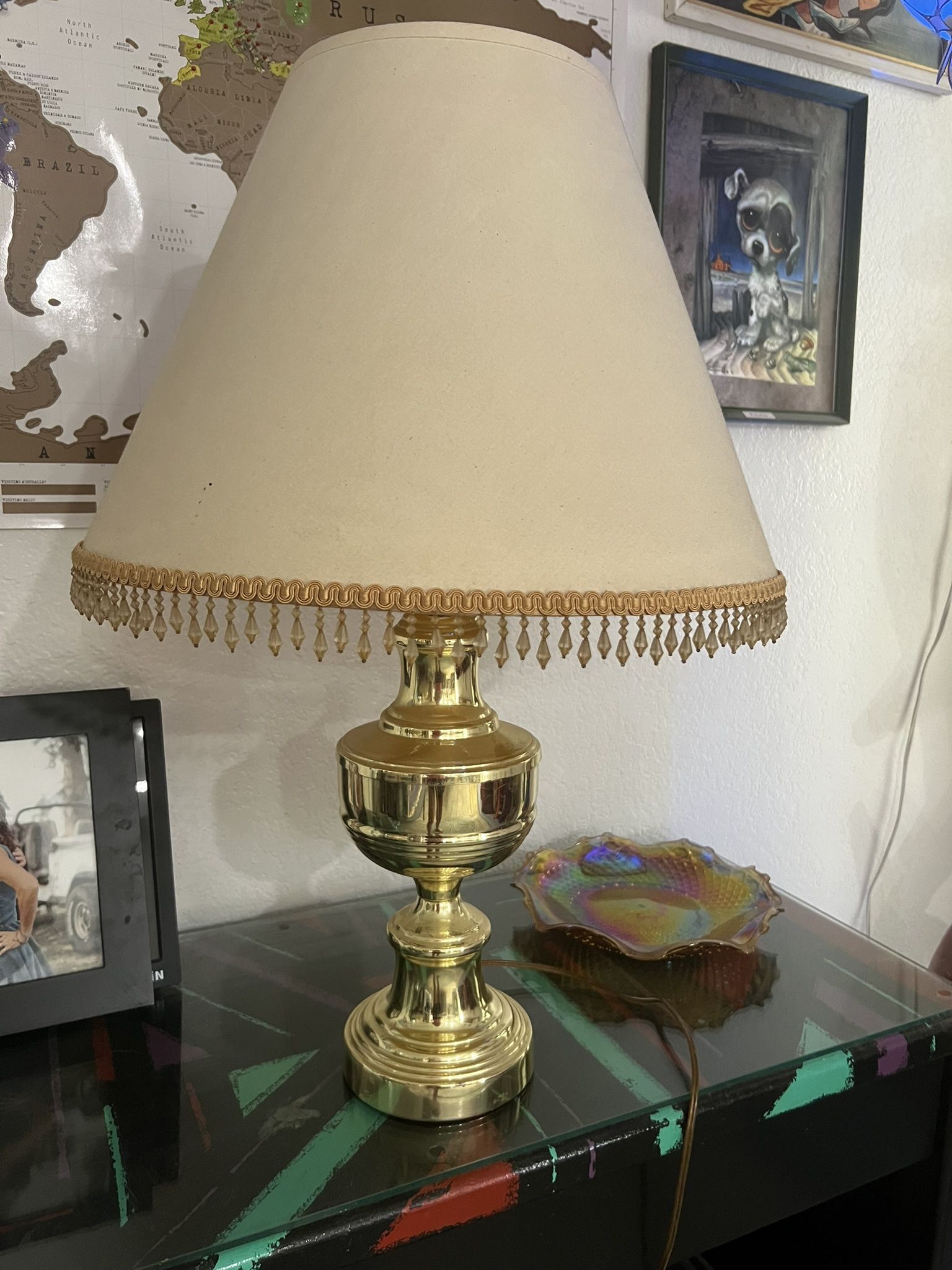 Vintage Golden Genie Type Lamp And Beaded Shade
