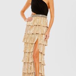 NWT Mac Duggal Black and Gold Tiered One Shoulder Gown