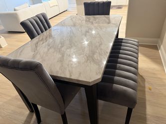 6-Piece Faux Marble Dining Set with Velvet Chairs and Bench
