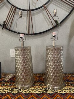 Pair of Metallic Silver Mercury Glass Honey Comb Table Lamps
