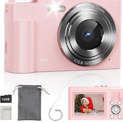Digital Camera, FHD 1080P Kids Digital Point and Shoot Camera with 16X Digital Zoom, Anti-Shake, Flash, 32GB Card, Portable Compact Travel Camera for 