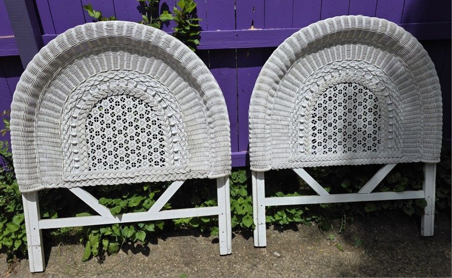 Vintage Pair Twin Headboards White Wicker Rattan