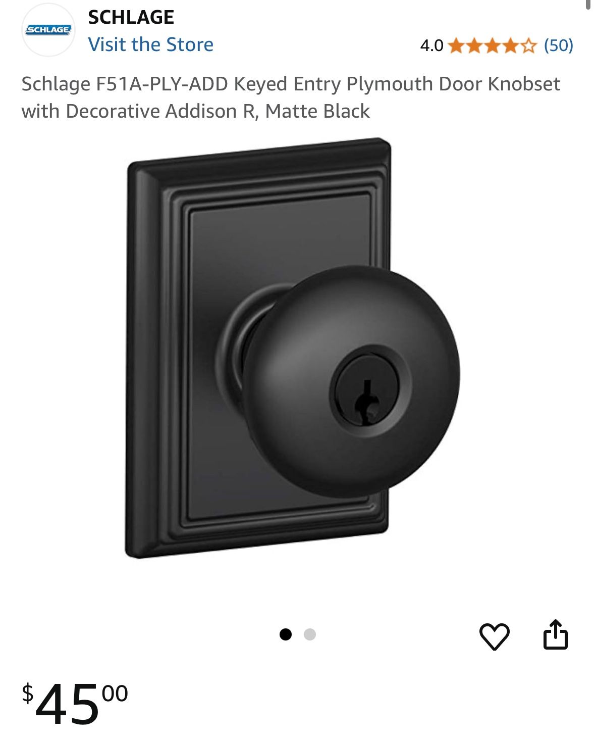 Schlage F51A-PLY-ADD Keyed Entry Plymouth Door Knobset with Decorative Addison R, Matte Black