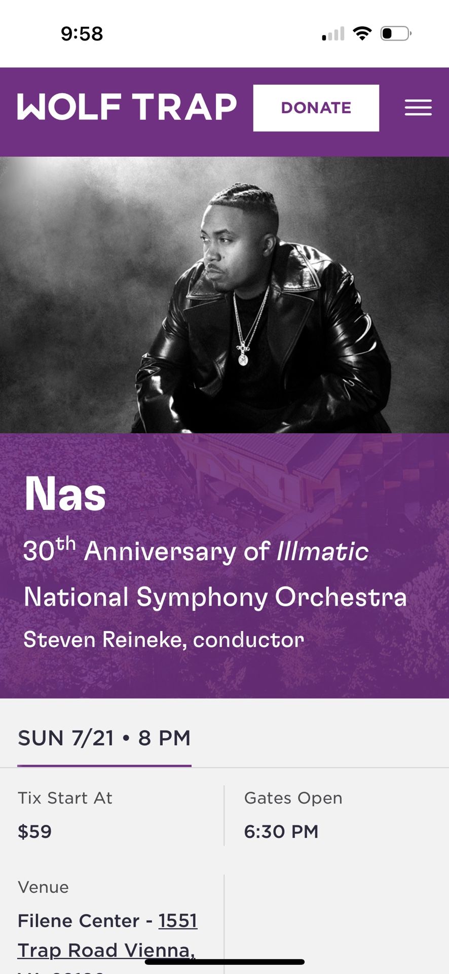 2 Lawn Tickets To Nas At Wolf Trap On 7/21
