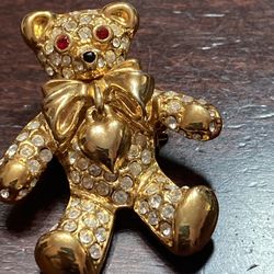Rhinestone Teddy Bear Heart Brooch