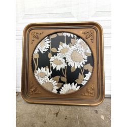 Original Abstract Sun Flower Painting Framed in Antique Gold Frame 