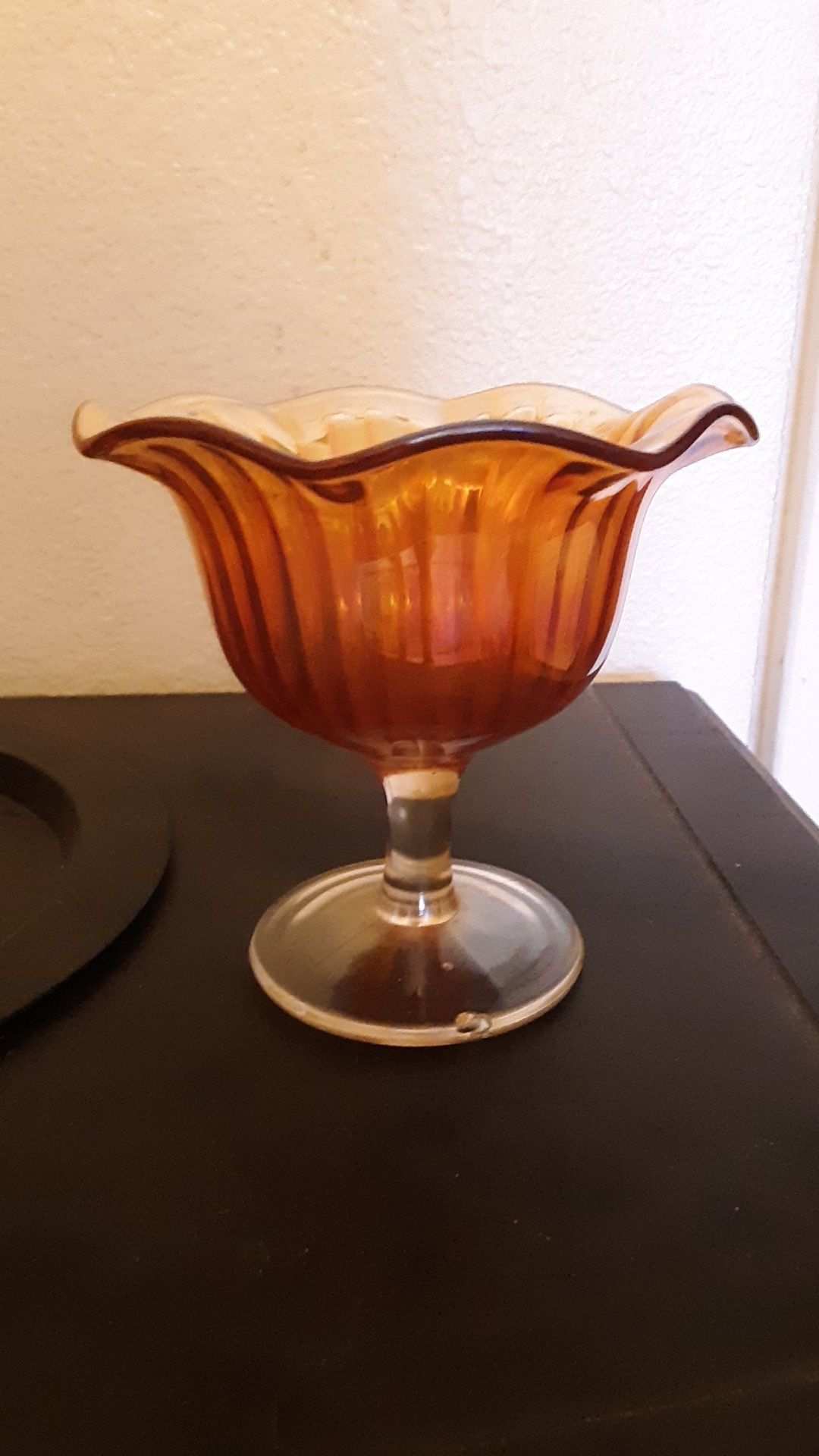 Amber Carnival Glass candy dish with stem