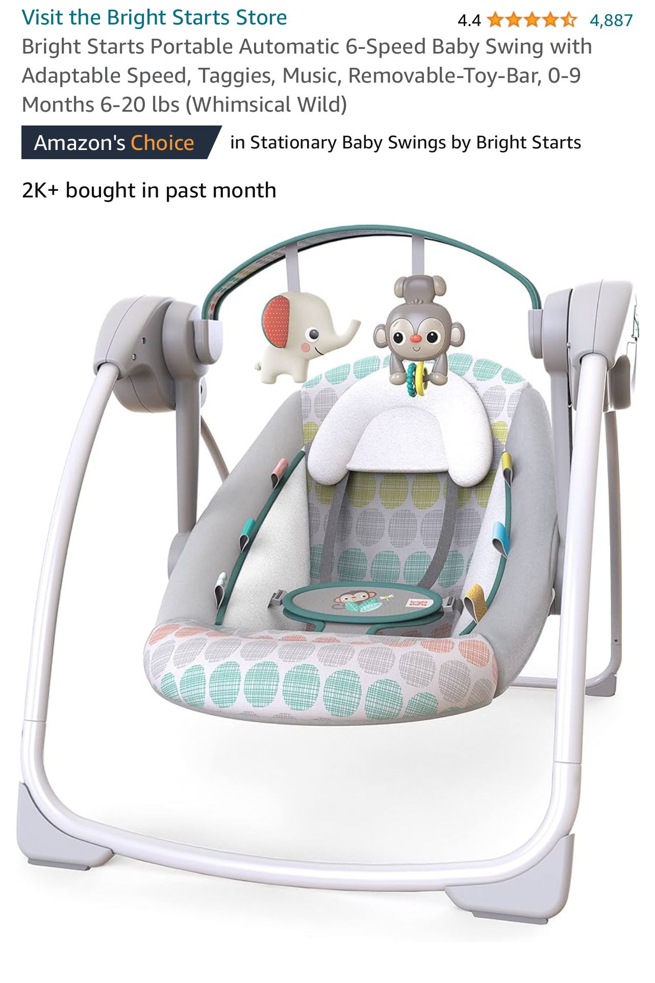 Bright Starts Portable Automatic 6-peeds Baby Swing With Adaptable Speed Taggies Music Removable 