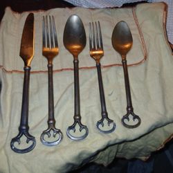 Viking BRUTALIST  5 Pc. Flatware Set Rare Gold Tone  Blackened Steel MCMb
