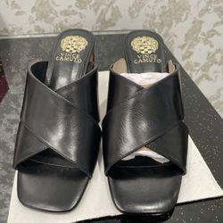 NWT Leather Vince Camuto Women's Hemila Black 8M Sandals, 3” Heel