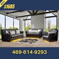 Black Leather Sofa Loveseat Chair All 3pcs With Pillows 