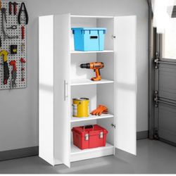 Adjustable Shelves Cabinet - Functional Tall Garage Table, 16"D x 32"W x 65"H Freestanding Garage Cabinet with 2-Doors, White, New in Box