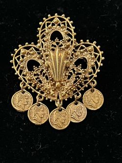 Signed ART Brass Filigree Napoleon Coin Charm Pin Brooch