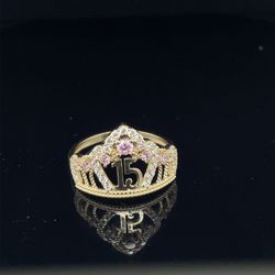 14KT Yellow Gold CZ Quinceañera Crown Ring 2.75g Size 8-1/2 179041