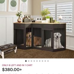 Large Black Farmhouse Corner Dog Crate Furniture Boho Modern Wooden Dog Kennel for 2 Dogs