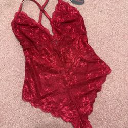 New Small Red Lace Stretchy Bodysuit Lingerie 