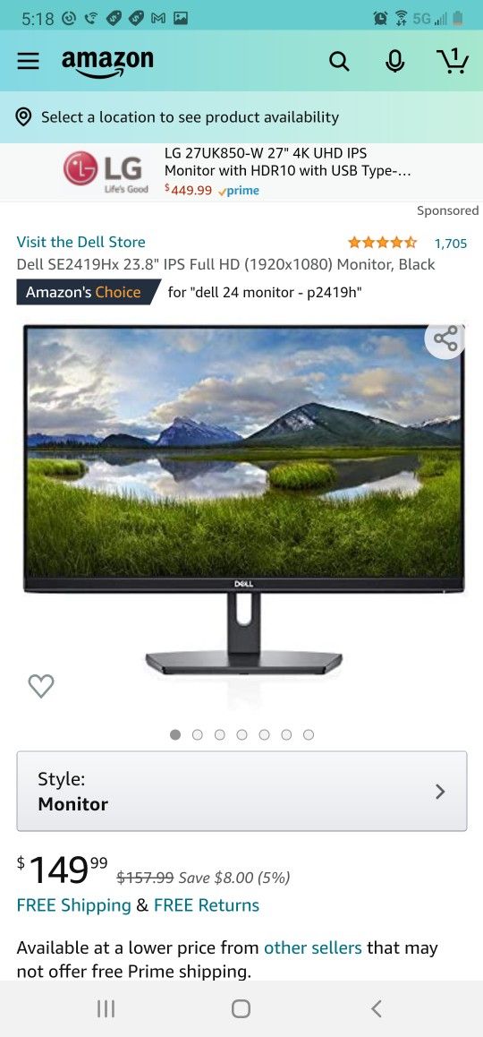 Dell SE2419Hx 23.8" IPS Full HD (1920x1080) Monitor, Black
