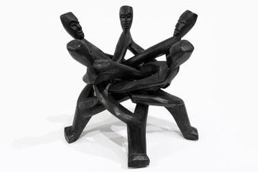 Hand Carved Ghana African Wooden Unity Sculpture 5 Figure Circle Decor Art
