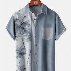 Tall Men's Coconut Tree Casual Breathable Hawaiian Short Sleeve Shirt. Size: XXL