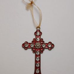 Jeweled Cross Dark Rose Enamel and Rhinestones Ornament or Wall Hang