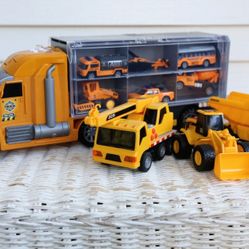 Construction Vehicle Set- Big Car Carrier with Lots Of Trucks- Dump Trucks, Cranes, Excavators, Cement Mixer, Paver, Etc. (Sounds & Lights Works!)
