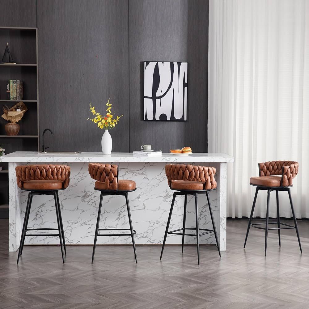 30inch Bar Stools Set of 4, Bar Height Bar Stools, 180° Swivel Suede Fabric Stool Chairs