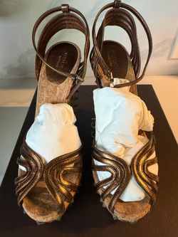 Gucci Bronze Metallic Cork Wedge Sandals Size 8.5