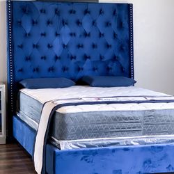 King Royal Blue Velvet Bed Plus King Plush Mattress (Free Delivery )