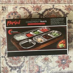 Stainless Steel Condiment Trays With Acacia Wood Caddy