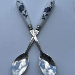 Vintage Stainless Steel & Porcelain Blue Flower Tea Spoons - Set Of 2
