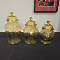 Set (3) Indiana Glass Pebble Glass Textured Apothecary Jar Canister Amber  Glass