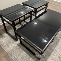 Black Glass Coffee Table With 2 Side tables. 