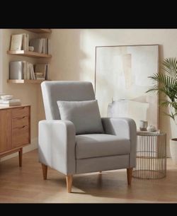 Mid-Century Modern Upholstered Accent Chair with Back Pillow & Solid Wood Legs, Leather Cozy Armchair for Living Room, Bedroom, Reading Nook, Apartmen
