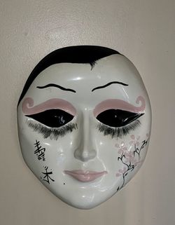 VINTAGE ASIAN CERAMIC HANDPAINTED LARGE WALL FACE MASK 16X19 " 