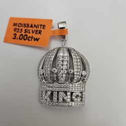Solid .925 Silver & 3.00ctw Moissanite "KING" Crown Pendant