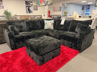 Black Corduroy Sectional Sofa with Ottoman