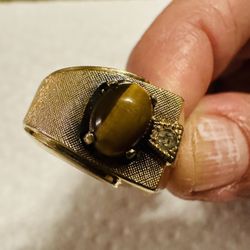 GOLD PLATED WITH EYE TIGER AND DIAMOND STONE RING BEATIFUL PERFECT CONDITION 