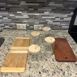 Glass Juice Containers + Cutting Board (Fruit)
