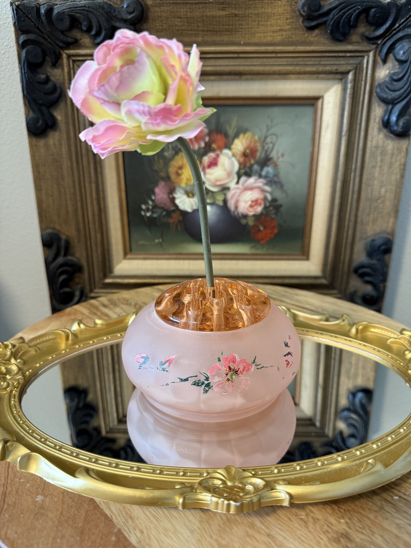 Vintage Pink Glass Flower Frog with Bowl, Flower Arranging Frog, Glass Flowerlite, 11 Hole Pink Flower Frog, Cottage Decor, Grandmillenial