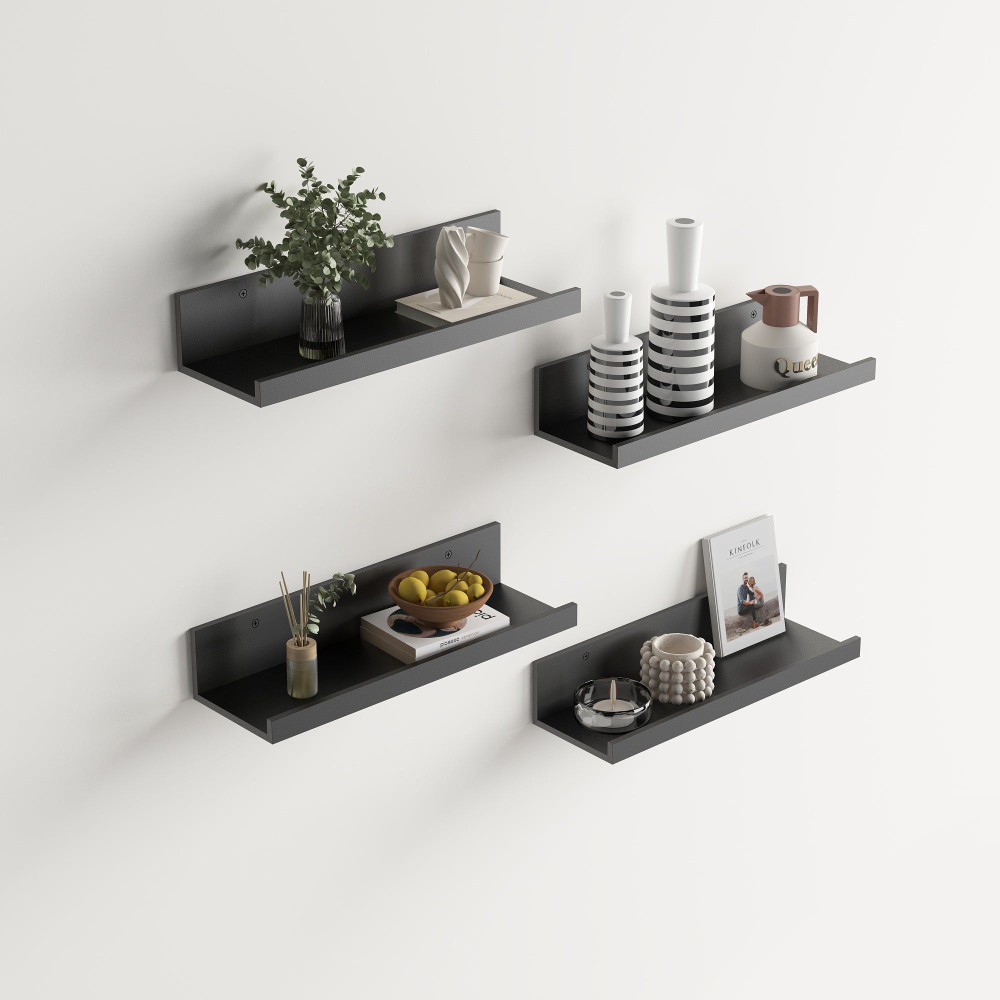 Tabby 16”x5” Floating Shelves, Metal Wall Mounted Ledge, Matte Black, Set of 4 for Living Room Bedroom Bathroom