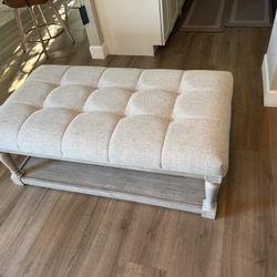 Grey Ottoman W/Bottom Shelf And Tufted Top