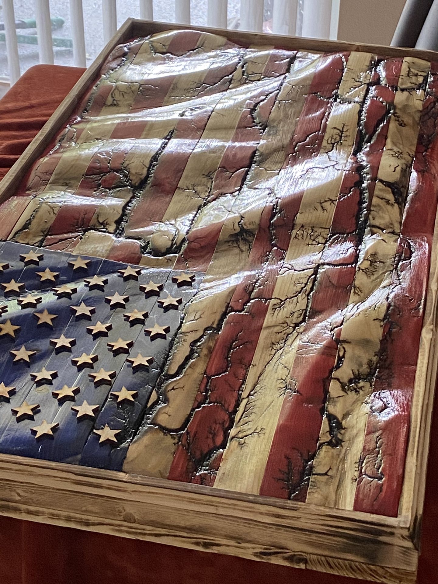 Custom hand made Wood American Flag with fractal Burns