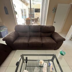 Brown Microfiber Couch And Rocking Love Seat  With Brown Fabric Chaise Lounge 